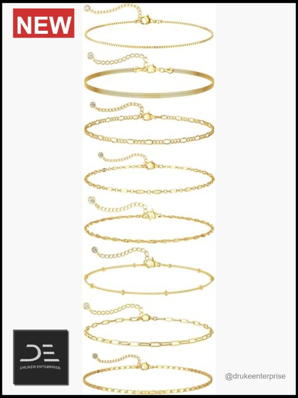 8Pcs 14K Gold Plated Link Bracelets Set Stackable Adjustable Waterproof Non